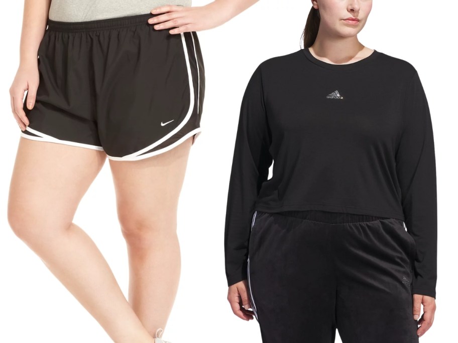 woman wearing black Nike running shorts and woman wearing a black adidas top