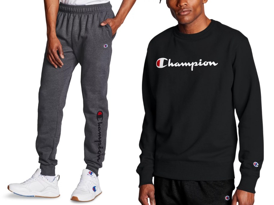 man wearing grey jogger pants and man wearing a black Champion long sleeve tee