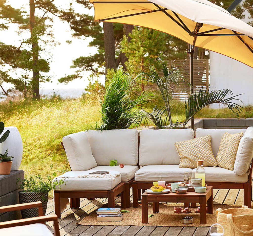 outdoor sofa set under umbrella