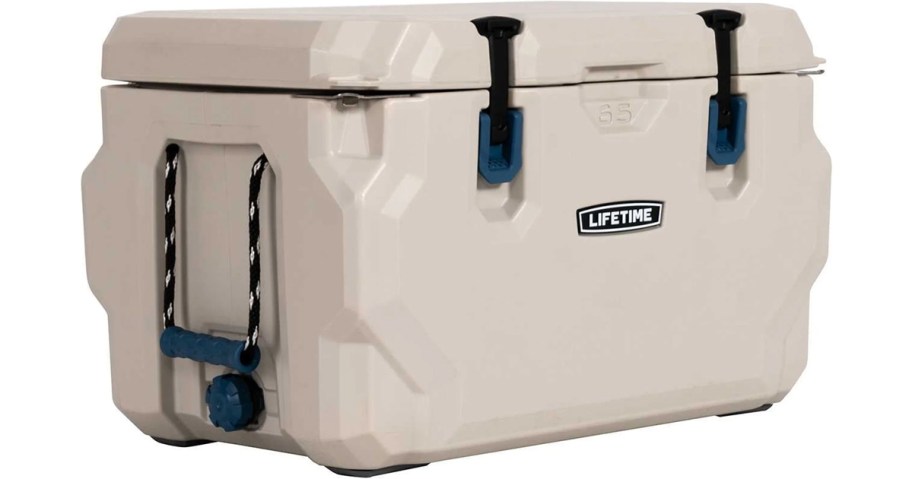Lifetime 65-quart hard-sided cooler with heavy-duty blue latches, rope handles, and a drain spout on one end.