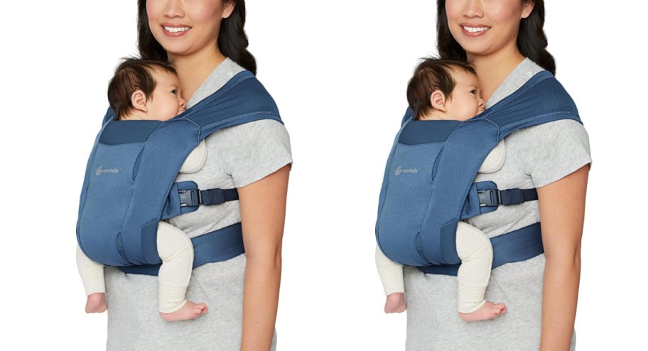 Stock images of woman wearing baby carrier