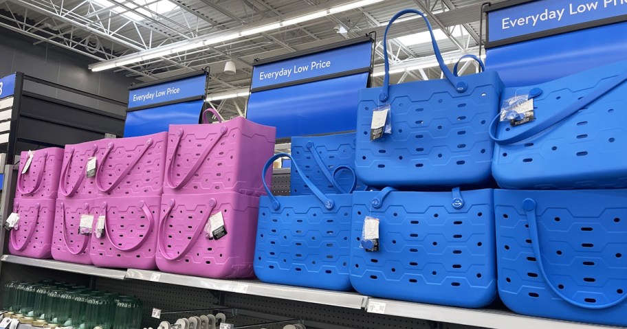 purple and blue tote bags on store shelf