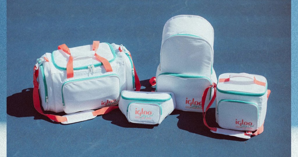 white Igloo Retro collection backpack, cooler, and fanny pack on tennis court