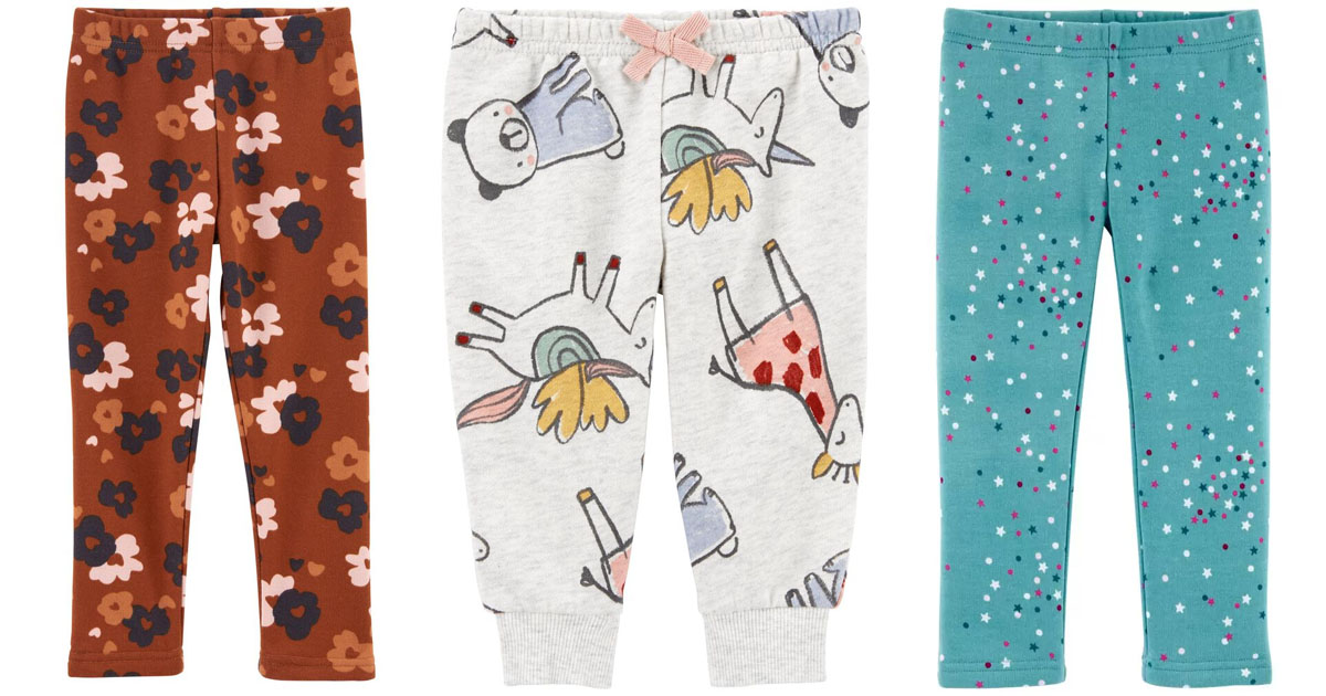 oshkosh flower leggings, unicorn and animal print pants, and blue spotted leggings