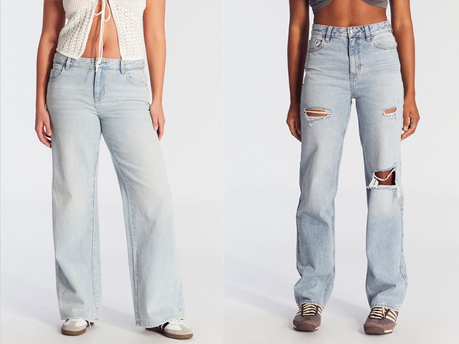 two women wearing ripped jeans 