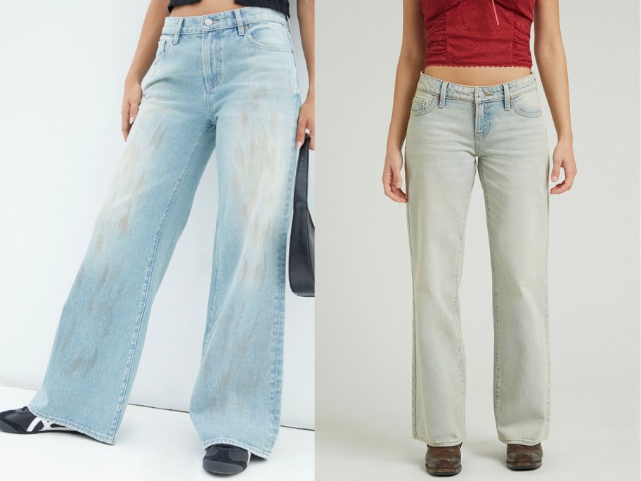 two women wearing jeans 