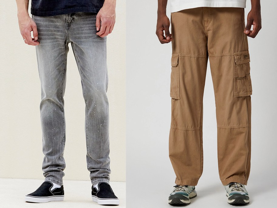two men wearing gray jeans and tan pants 