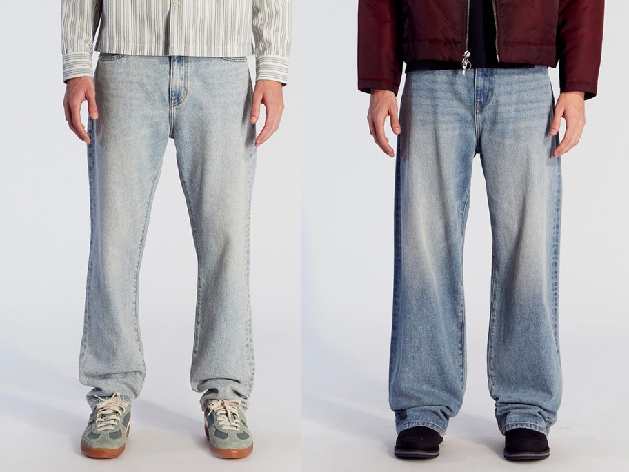 two men wearing blue jeans 