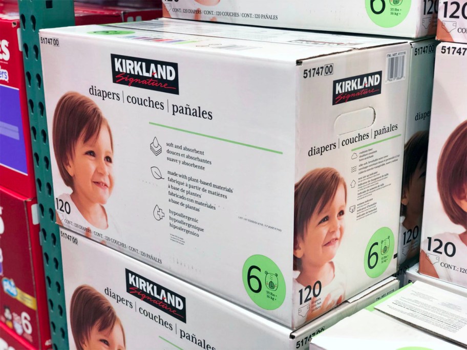 size 6 costco diapers box sitting on shelf