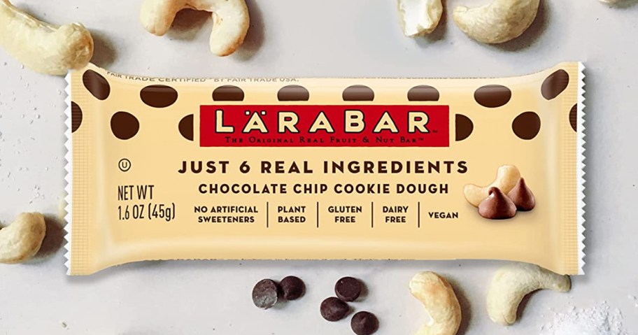 Larabar Chocolate Chip Cookie Dough surrounded by cashews and chocolate chips
