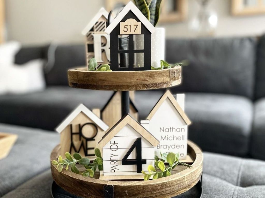 Custom House Tabletop Decor set in a tiered tray in a living room on a coffee table
