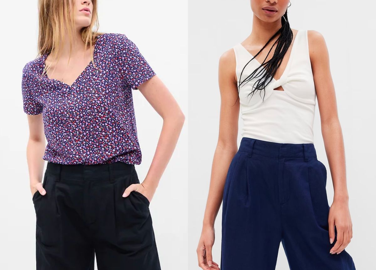 two women modeling tops, one in an Organic Cotton Vintage V-Neck T-Shirt the other wearing a Modern Twist-Front Tank Top 