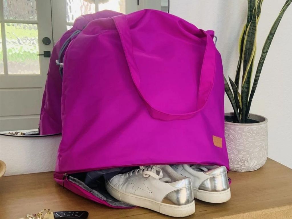 Tote Bag w Zippered Storage Bottom with shoes set in it