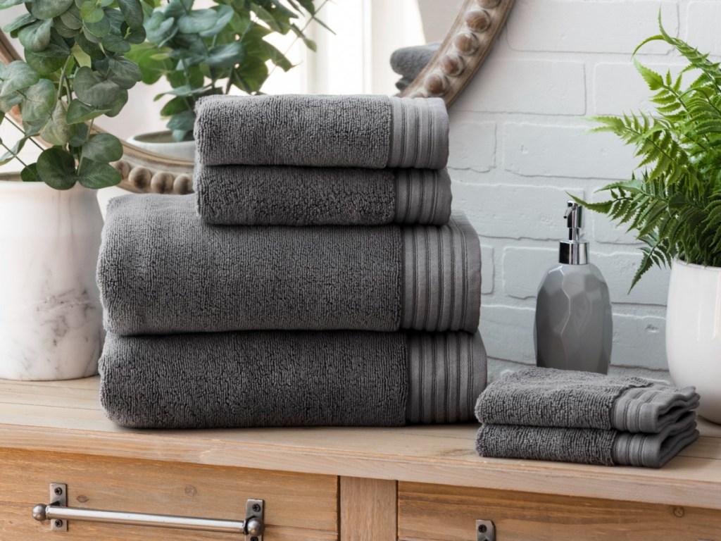 stack of egyptian cotton towels on a bathroom vanity