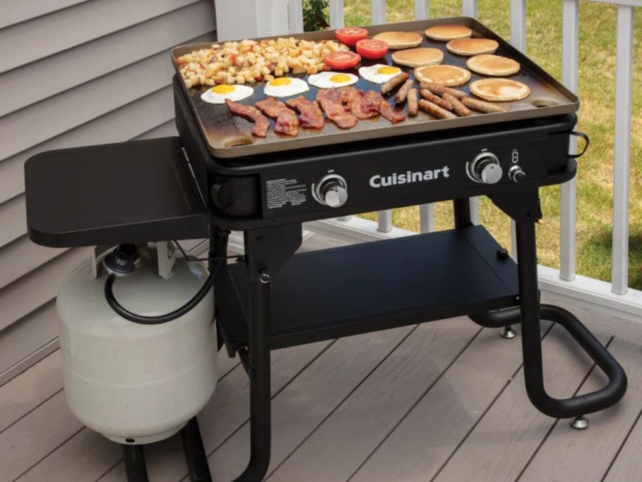 Cuisinart 28" Two Burner Gas Griddle on deck with food being cooked on it