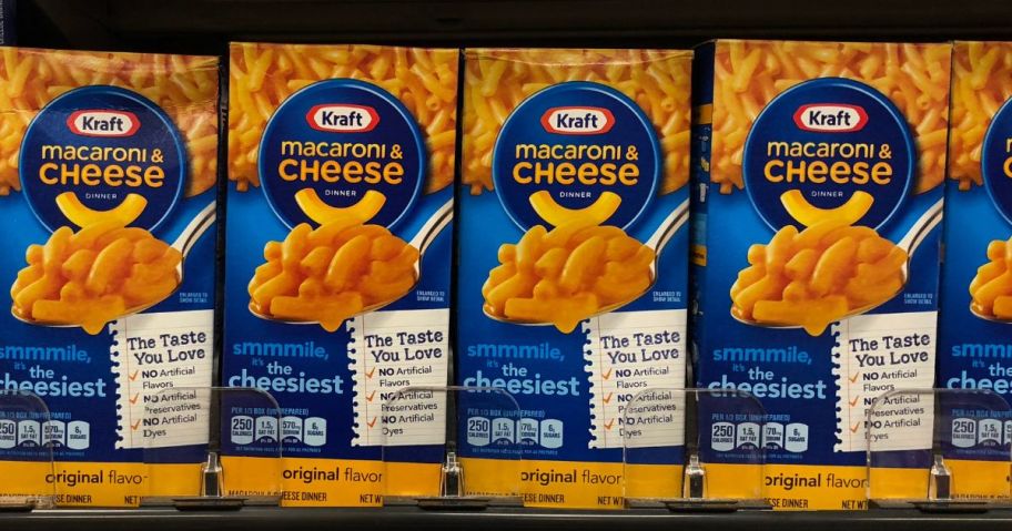 row of Kraft Macaroni and Cheese boxes on a shelf