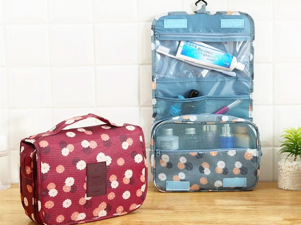red and blue Hanging Cosmetic Bags