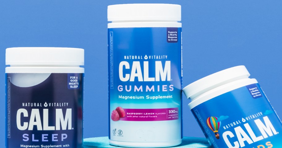 blue and white bottles of Natural Vitality Calm Gummies