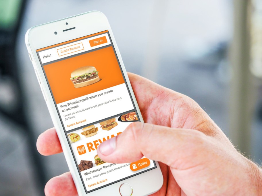 Showing the free food for signing up on the Whataburger App, one of the free food with sign up no purchase offers.