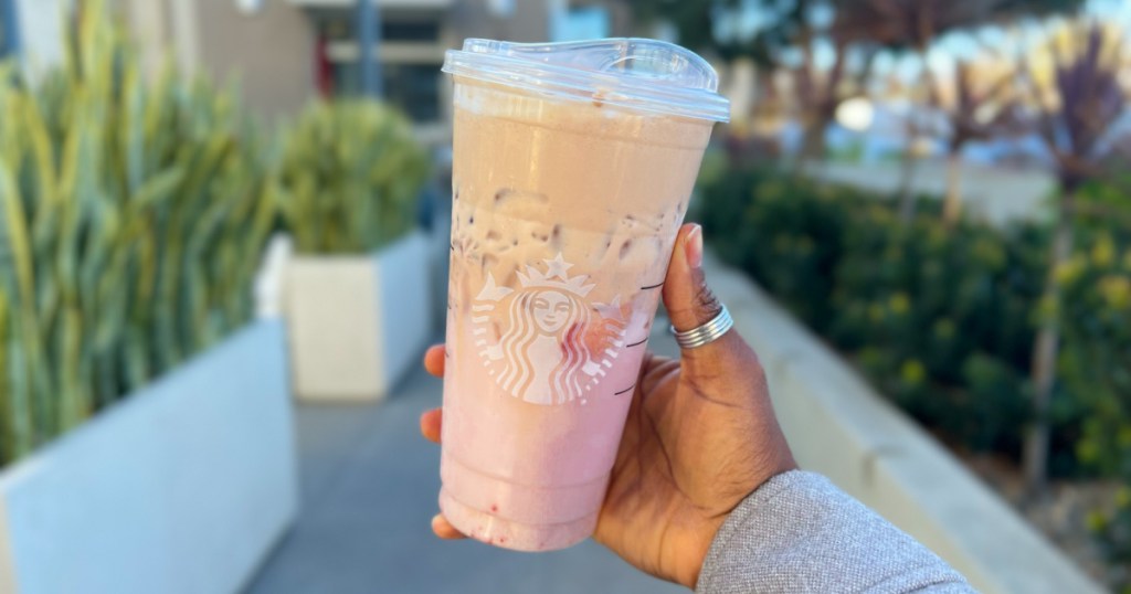 pink drink with chocolate cold foam