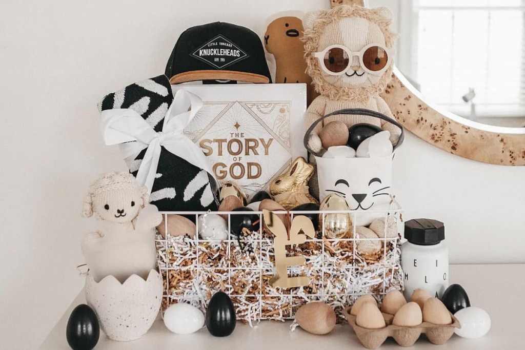 easter basket filled with goodies and snapback hat