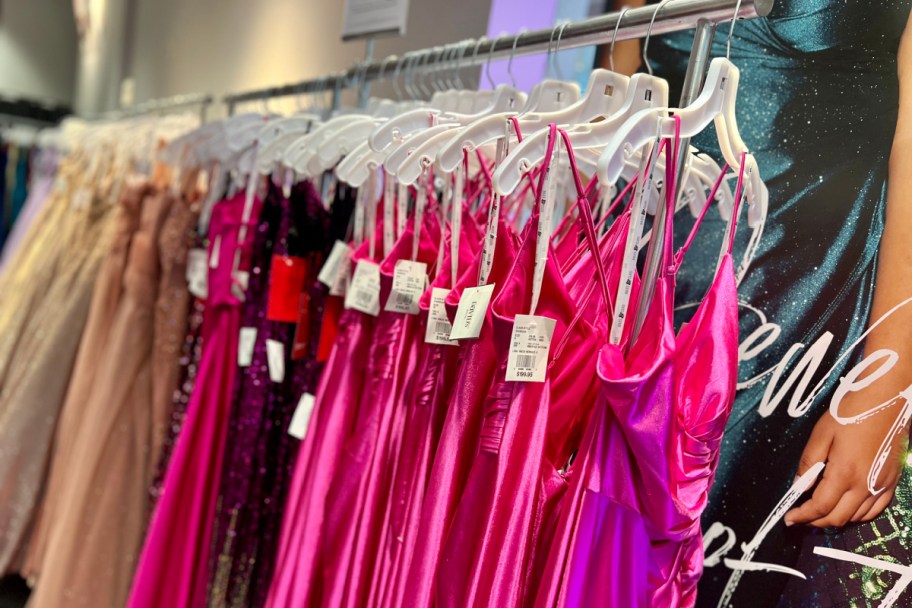 pink prom dresses o hangers in store