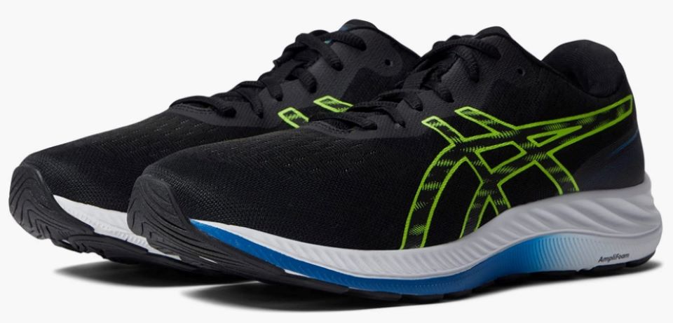 Pair of black running shoes with white and blue sole