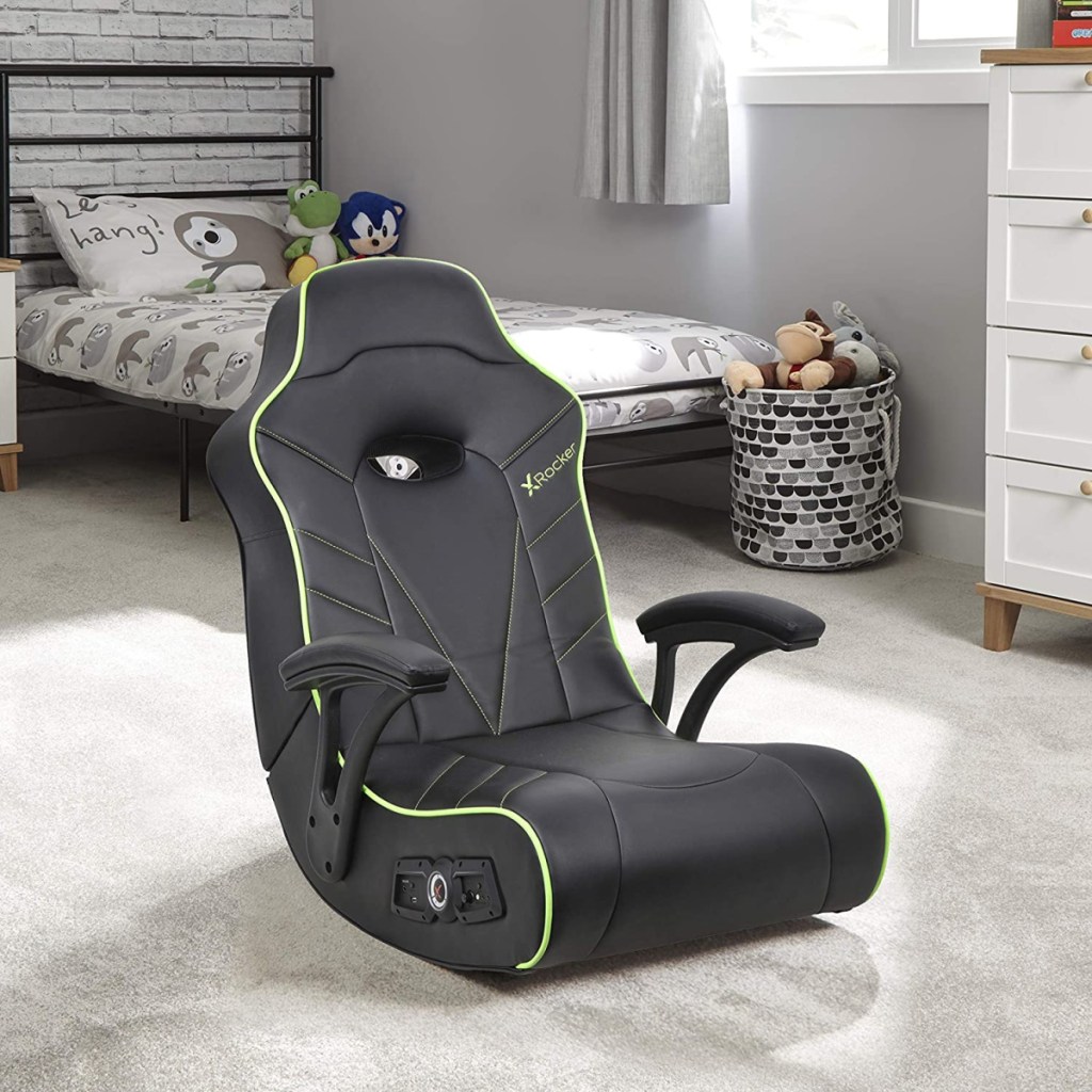 An X Rocker Limewire gaming rocker displayed on the floor of a kids bedroom
