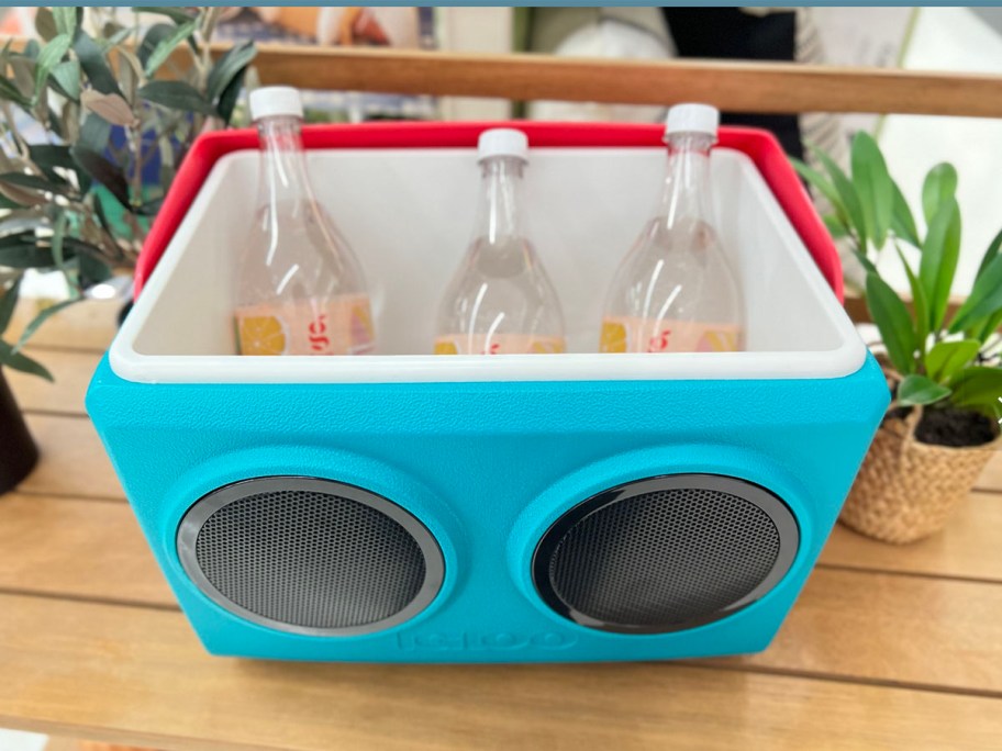 teal and pink kooltunes cooler open with drinks inside