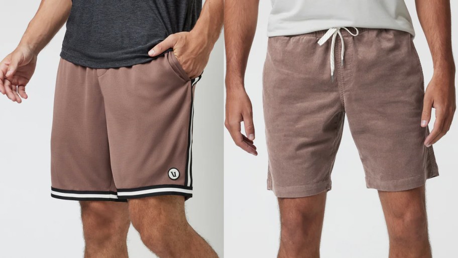 two men wearing light maroon shorts 
