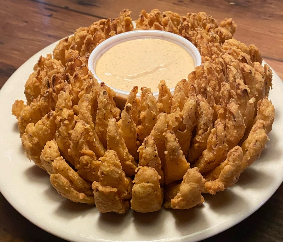 blooming onion on table with dip