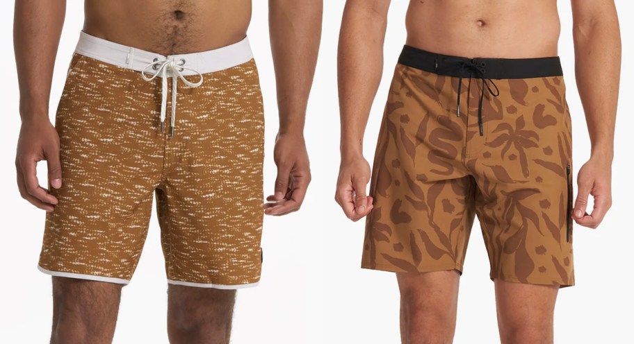 two men wearing brown boardshorts