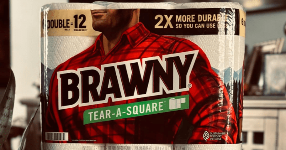 12 Double Rolls of Brawny Paper Towels on a table