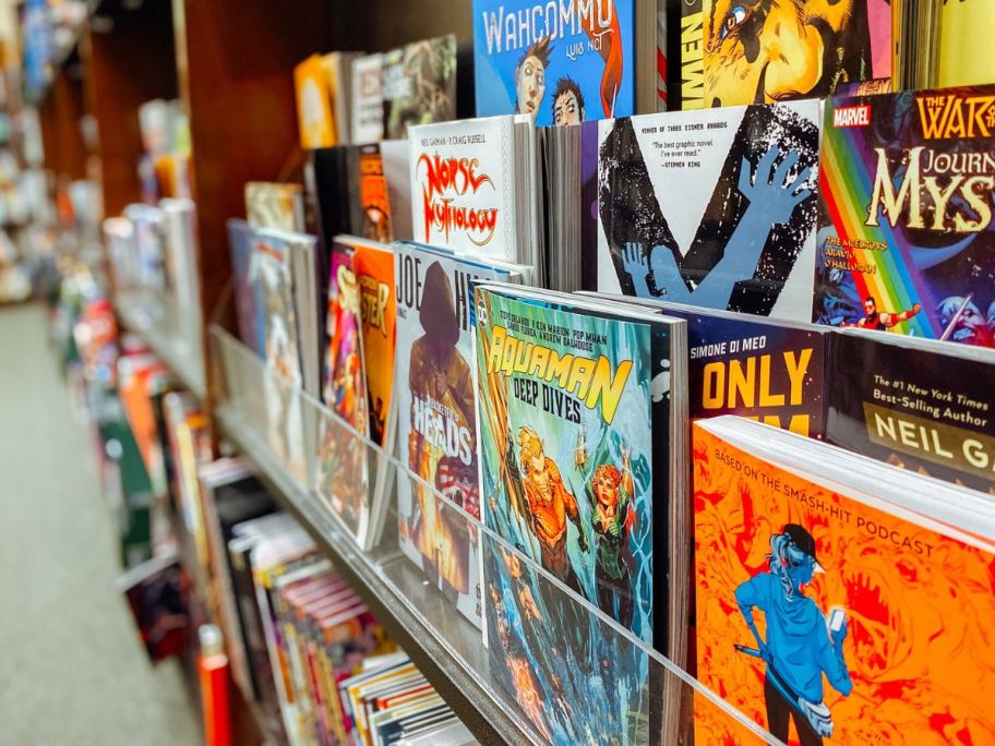 display stand full of comic books