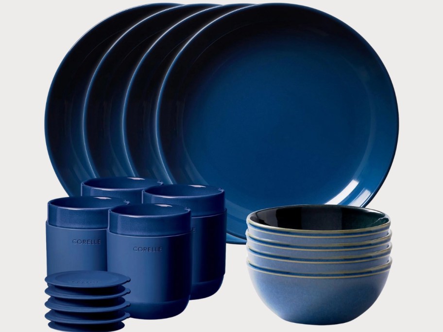 navy blue oatmeal color Corelle Stoneware 16 piece set with plates, bowls, tumblers and tumbler lids