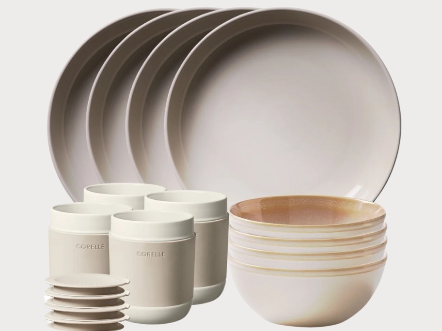oatmeal color Corelle Stoneware 16 piece set with plates, bowls, tumblers and tumbler lids