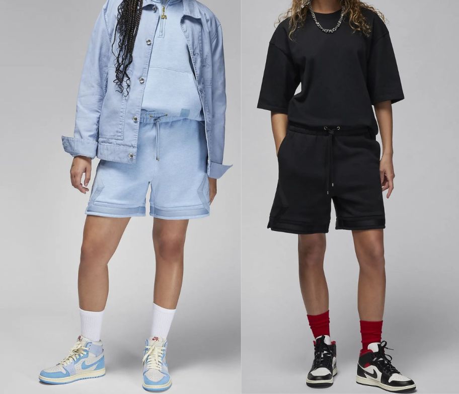 two models wearing fleece shorts