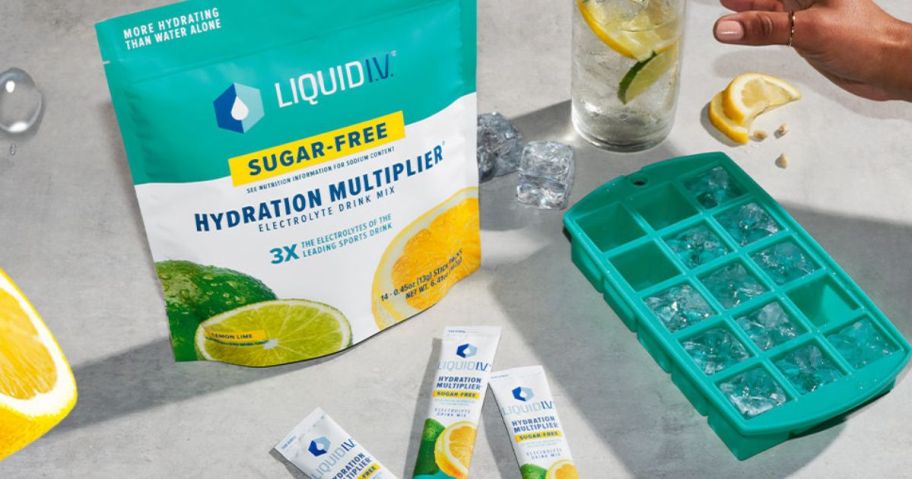 Packet of Liquid IV sugar-free packets next to an ice tray