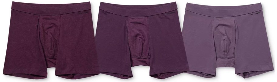 three pairs of boxers in shades of maroon