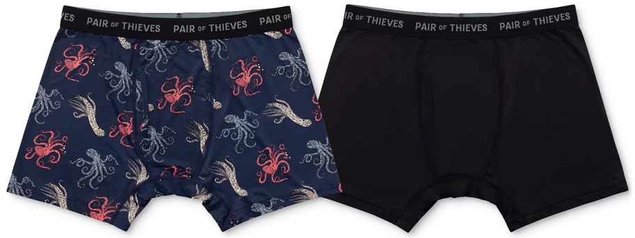 two pairs of boxers in octopus print and solid black