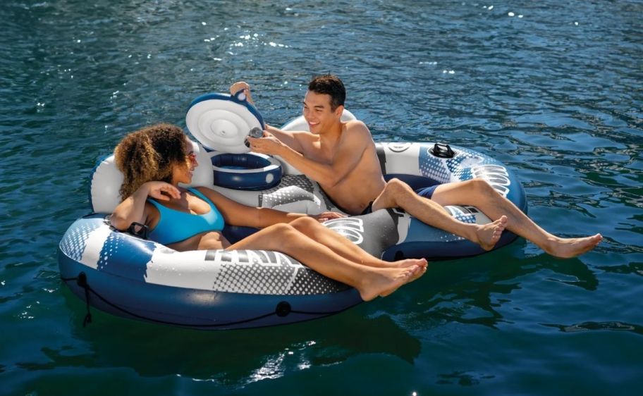 an intex 2 person water tube with cooler compartment