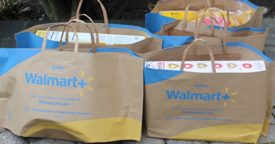 4 paper bags from Walmart filled with groceries