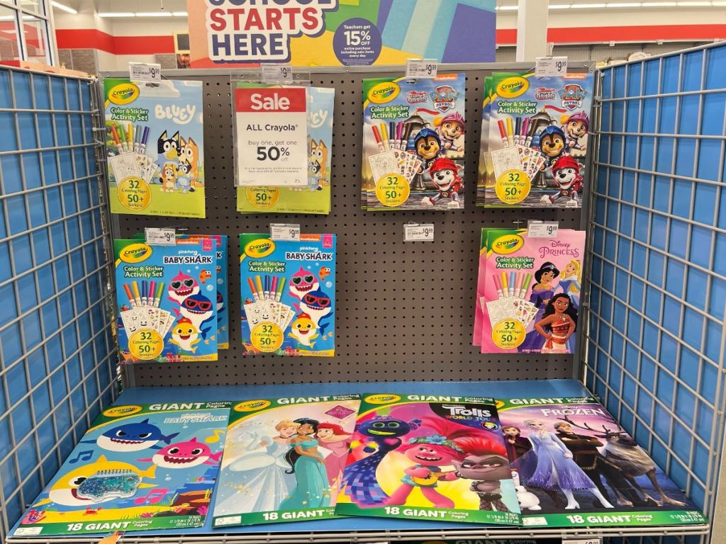 A hanging display of coloring books