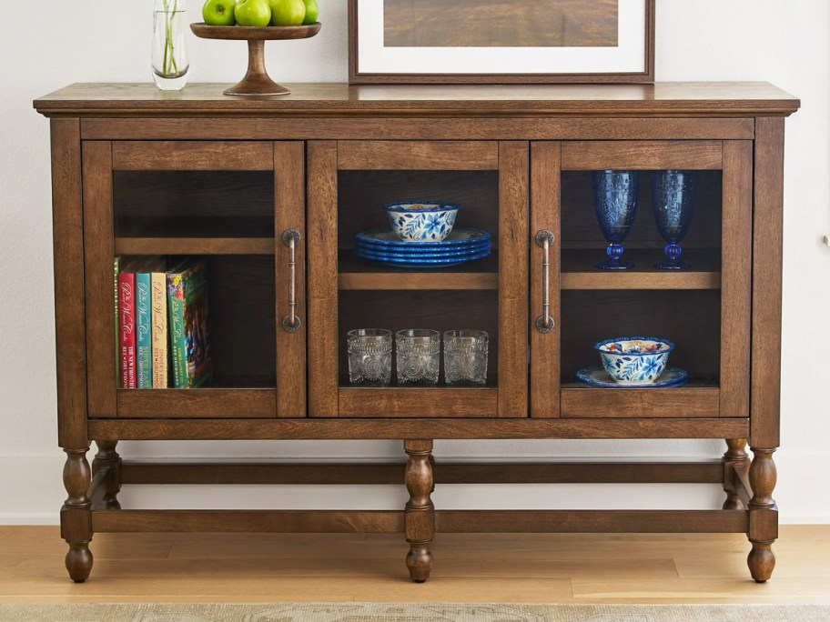 wood accent cabinet with glass doors