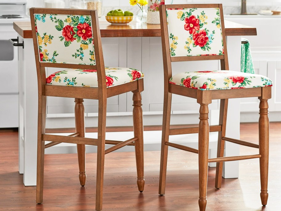 floral print barstools with wood legs and trim in kitchen