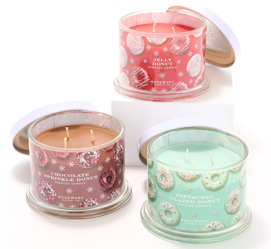 3 scented 3-wick candles with colorful donut inspired jar graphics