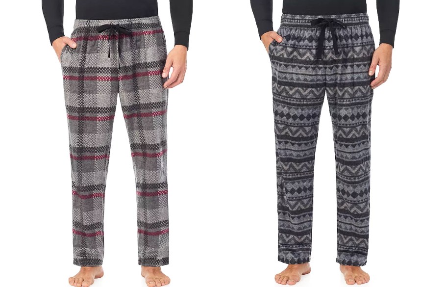 two men in grey printed fleece pajama pants