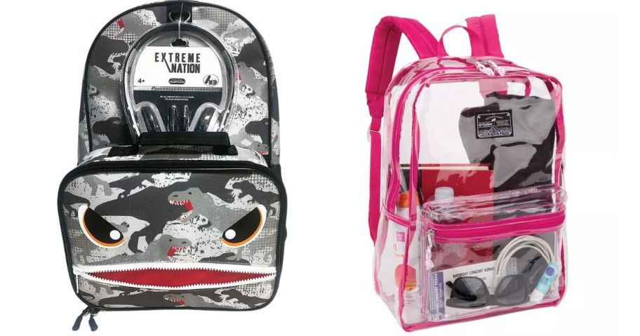a camo backpack with a face on it and a clear pink backpack stock images