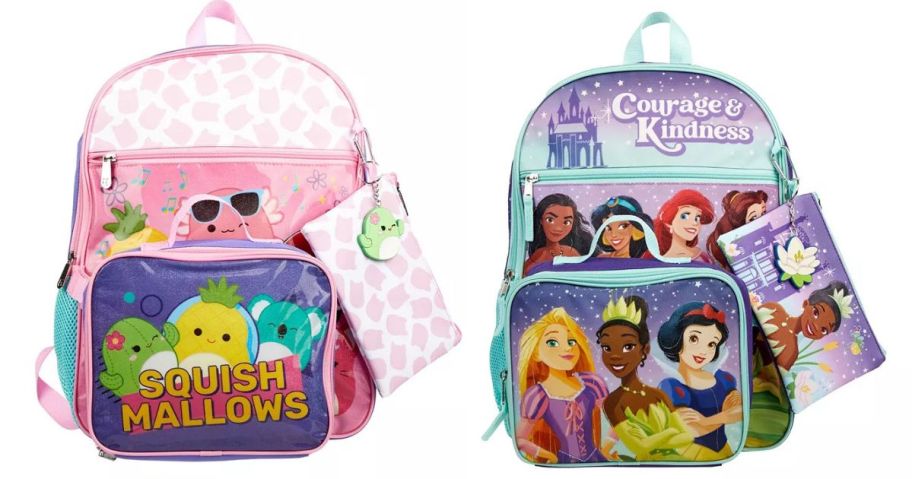 a squishmallows and a disney princess backpack stock image