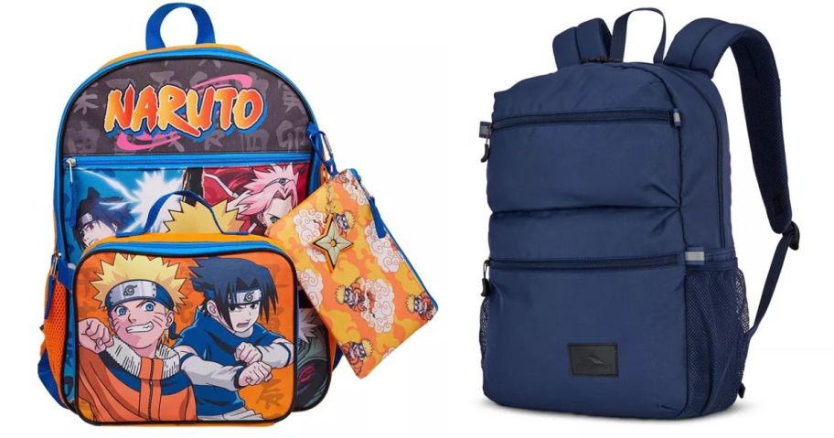a naruto backpack and a blue high sierra backpack stock image